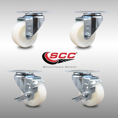 Service Caster 3 Inch SS Nylon Wheel Swivel Top Plate Caster Set with 2 Brakes SCC-SS20S314-NYS-2-TLB-2